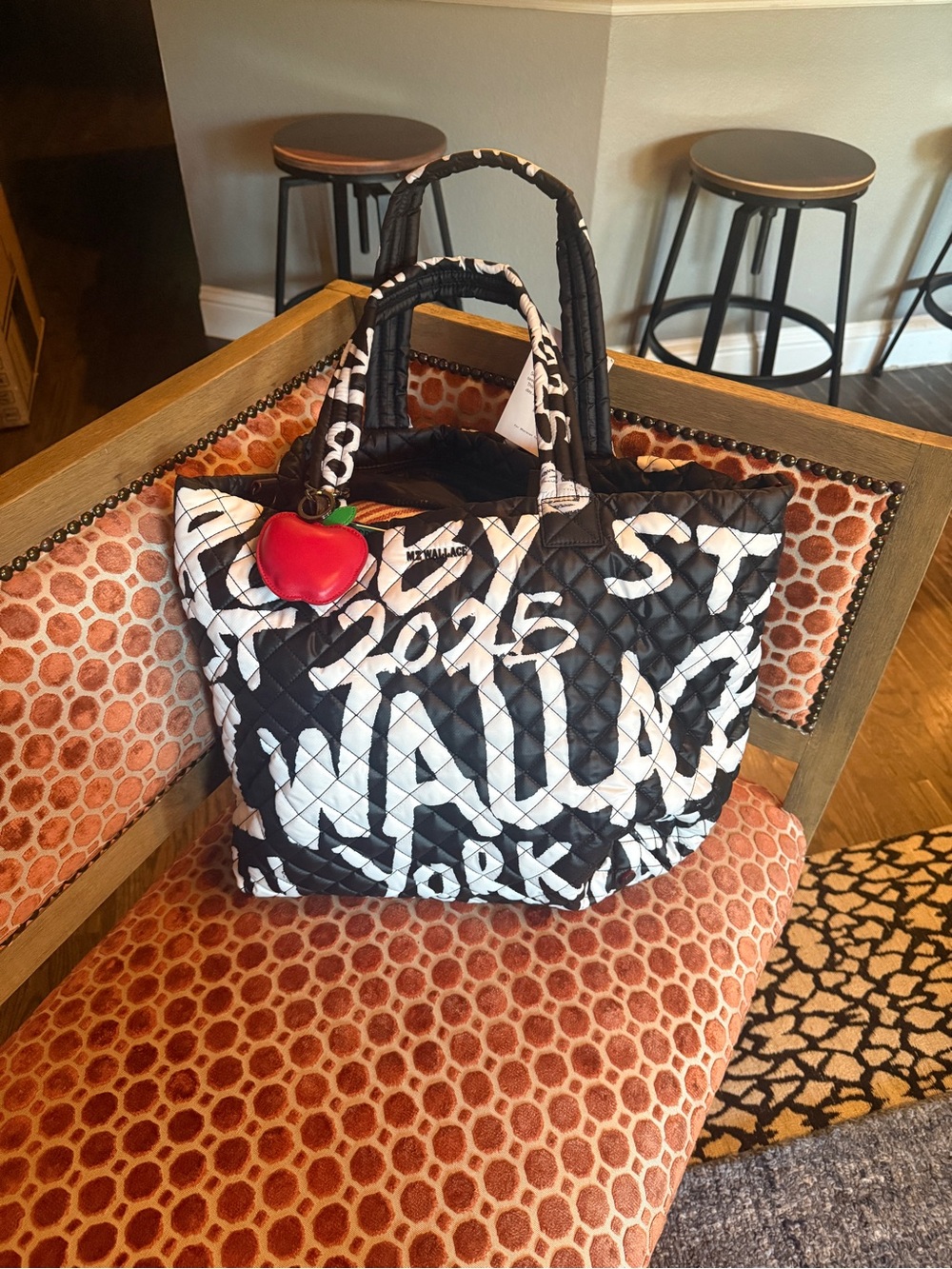 NWT MZ Wallace 25th Anniversary Black & White Quilted Graffiti Tote  Apple Charm